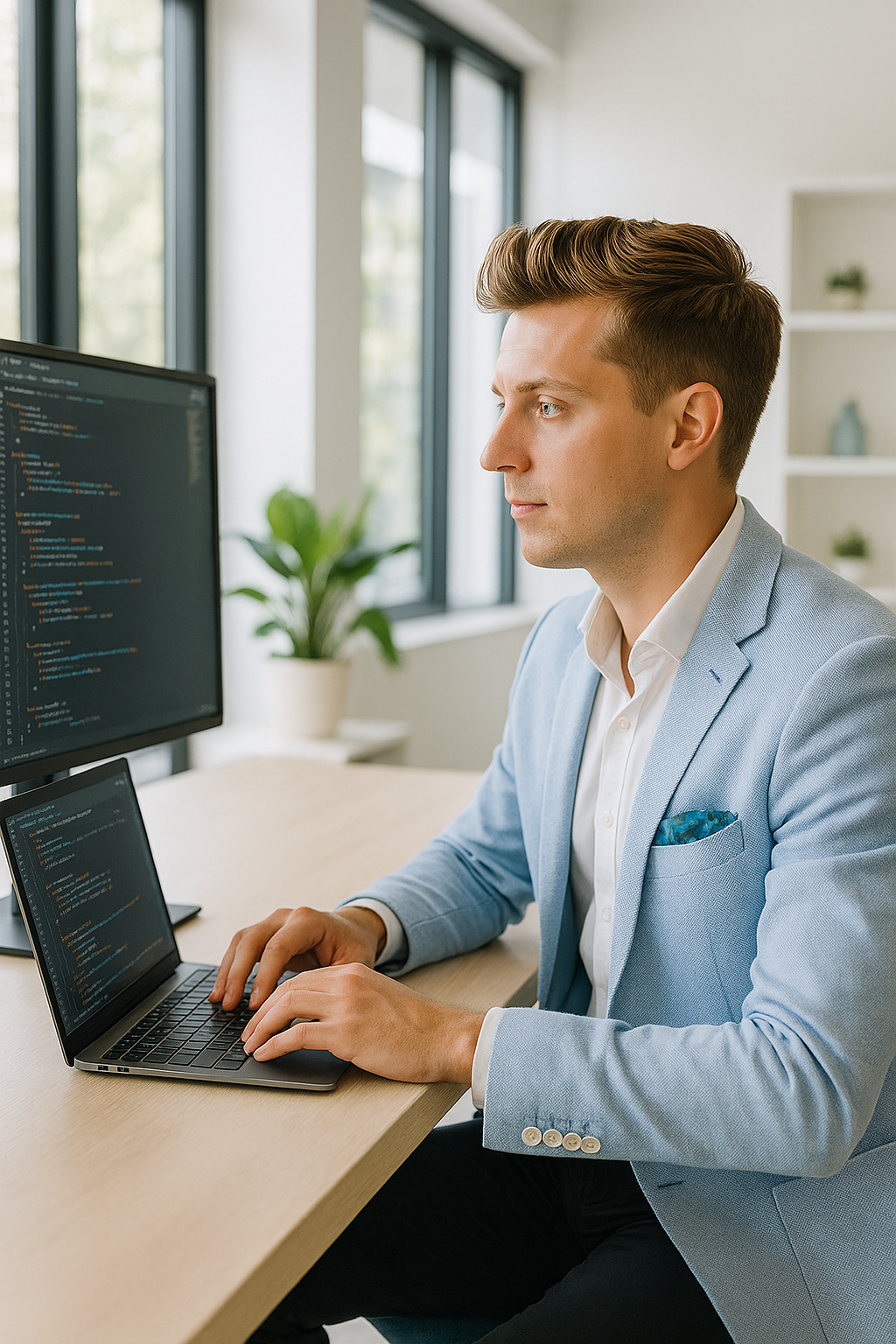 Developer in a light blue blazer working on Azure integration code in a modern, bright office with dual screens and natural light